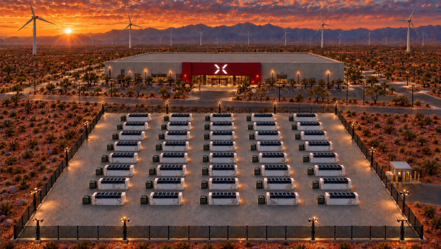 Concept rendering of a desert compute campus at sunset